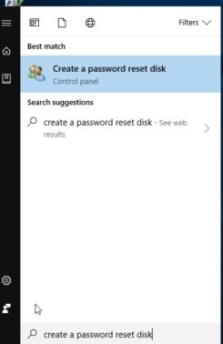 Ketikkan Password Reset Disk di kolom pencarian kemudian klik Create a password reset disk